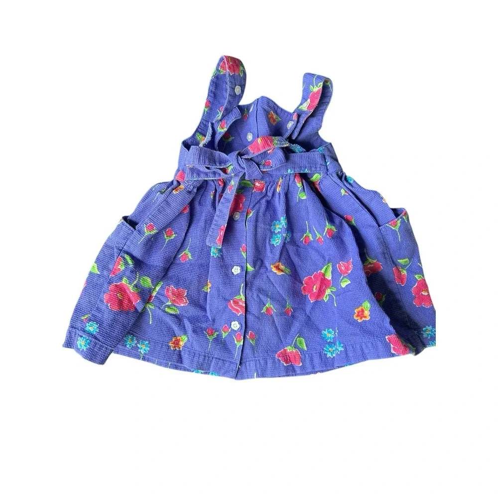 VTG OshKosh Girls Overall Pinafore Dress Purple Spring Floral Waffle Weave Sz 2T